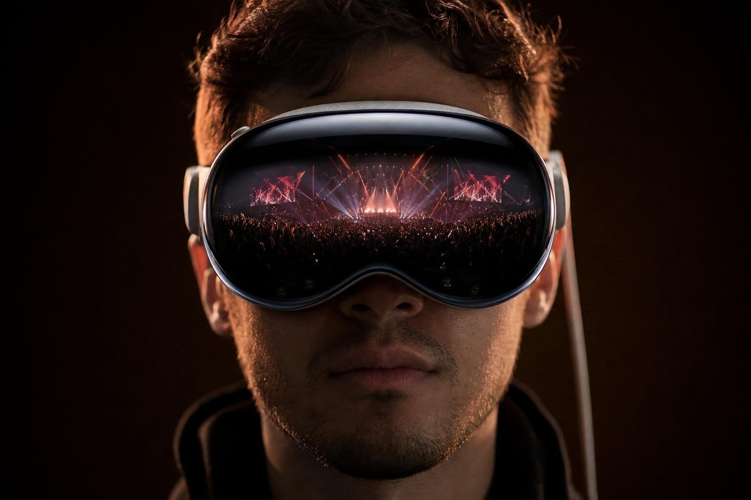 A person wearing Apple Vision Pro spatial headset, with a live concert reflected across the visor